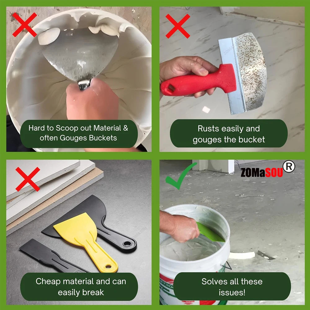 Curved bucket scoop scraper, putty knife for drywall, spackle and plaster