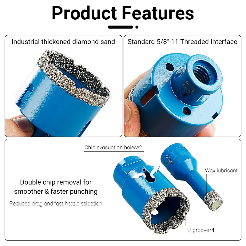 LOZLIN 10Pcs Brazed Diamond Dry Drill Bits Hole Saw Set 5/8-11 Thread Diamond Hole Opener Tools Dry Cutting Core Drill Bit Kit for Ceramic Tile Granite Marble Quartz Stone Glass Porcelain Home Renovation Masonry Construction
