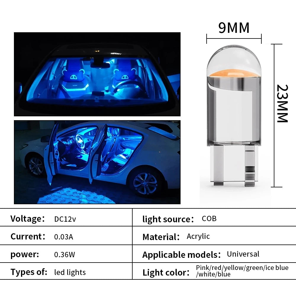 10X New W5W LED T10 Car Lights COB Glass Interior Parts Bulbs White ice blue Yellow Auto License Plate Lamp Dome Read Light 12V