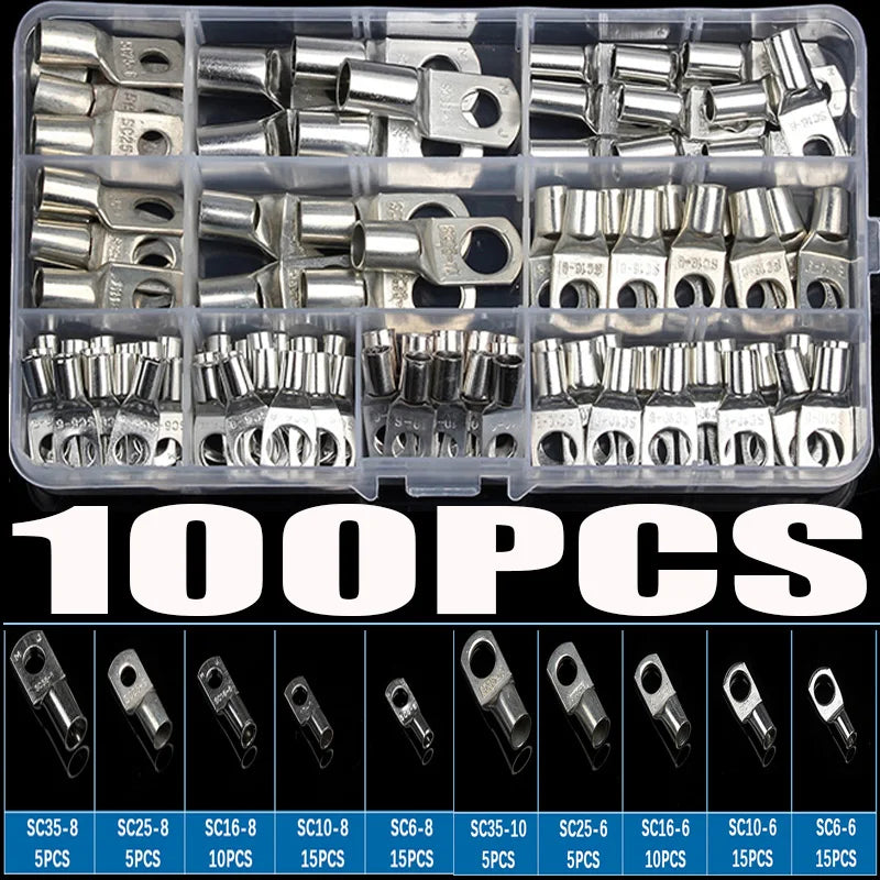 100PCS Ring Terminal Cable Lugs 35mm2 Tinned Copper Wire Eye Connectors Kit