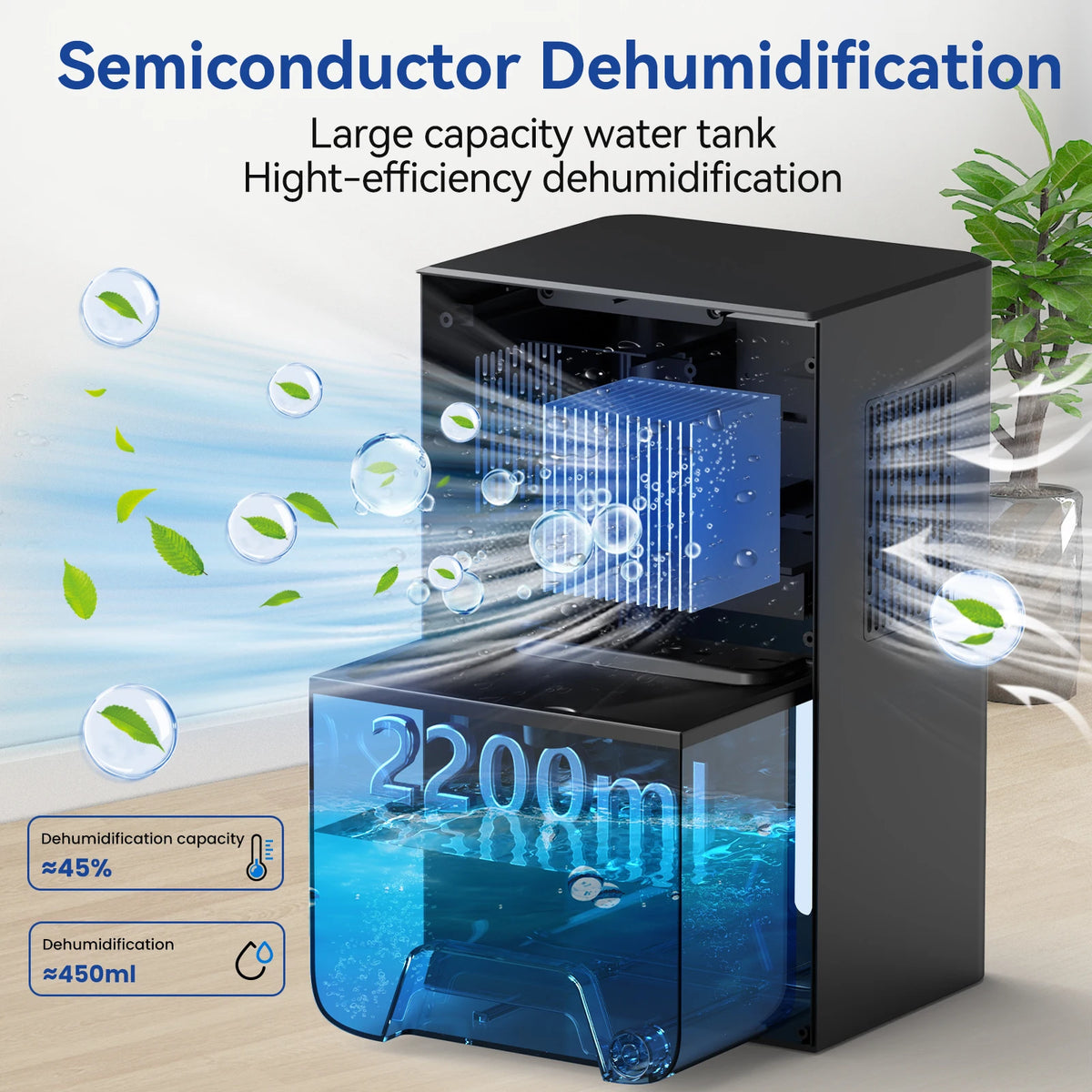 Portable home dehumidifier with 2200ml tank, large capacity damp remover