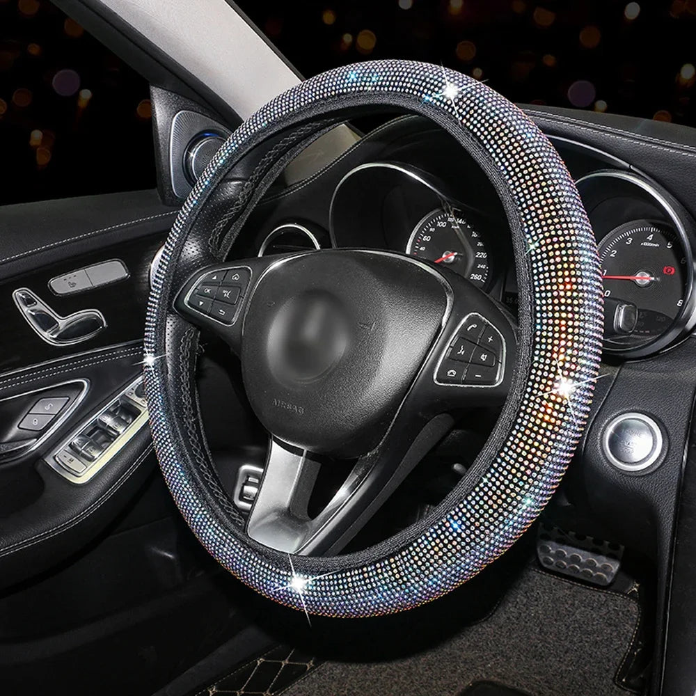 Fashion Crystal Car Steering Wheel Cover 38cm Breathable Anti Slip PU Rhinestone Car Decoration Diamond Car Accessories