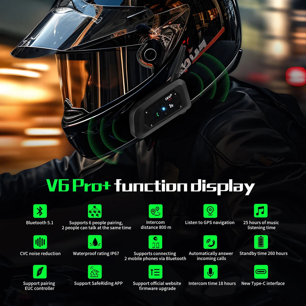 EJEAS V6 Pro+ Motorcycle Bluetooth Intercom Headset, 800m IP67 - image 9