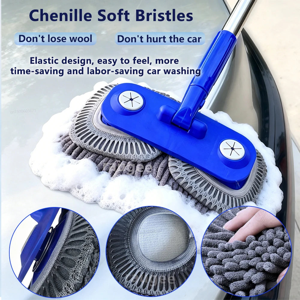 Car Cleaning Brush Double Head Car Wash Brush Telescoping Long Handle Car Wash Mop Soft Hair Chenille Broom Auto Cleaning Brush