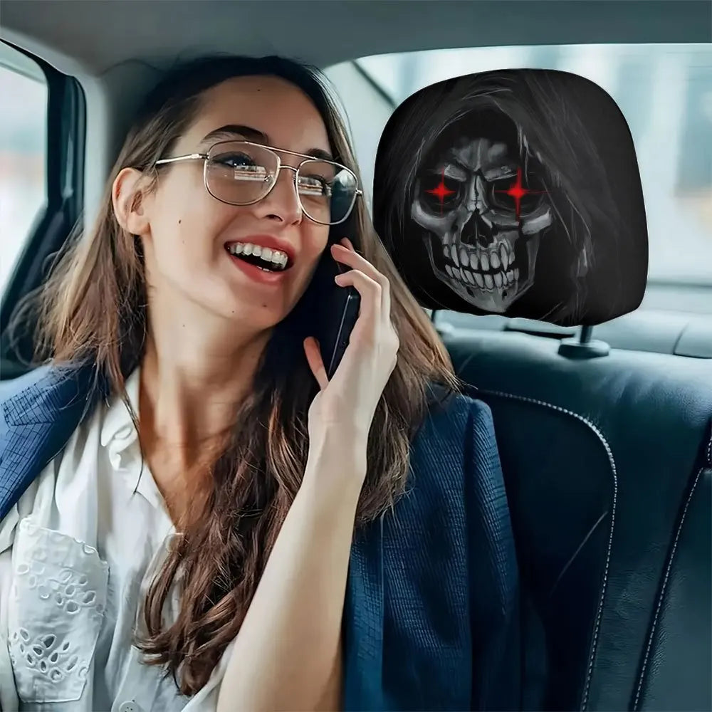 Skull and Flame Print Car Headrest Covers, Set of 2