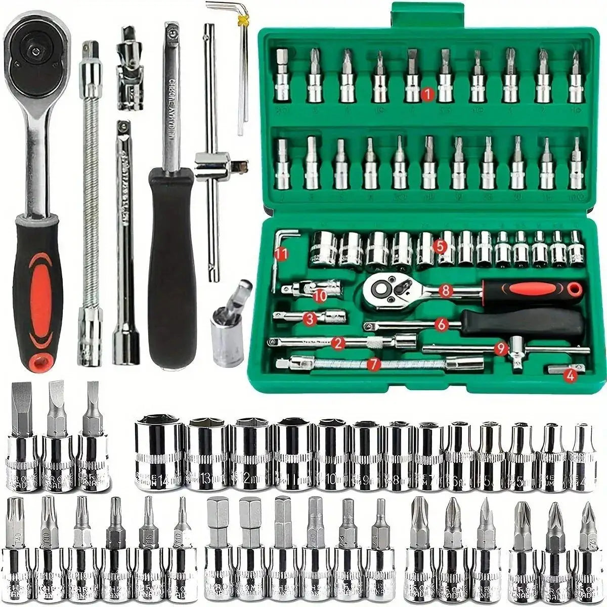 Car Repair Tool Kit 46/53 Piece Socket Set Ratchet Torque Wrench Combo