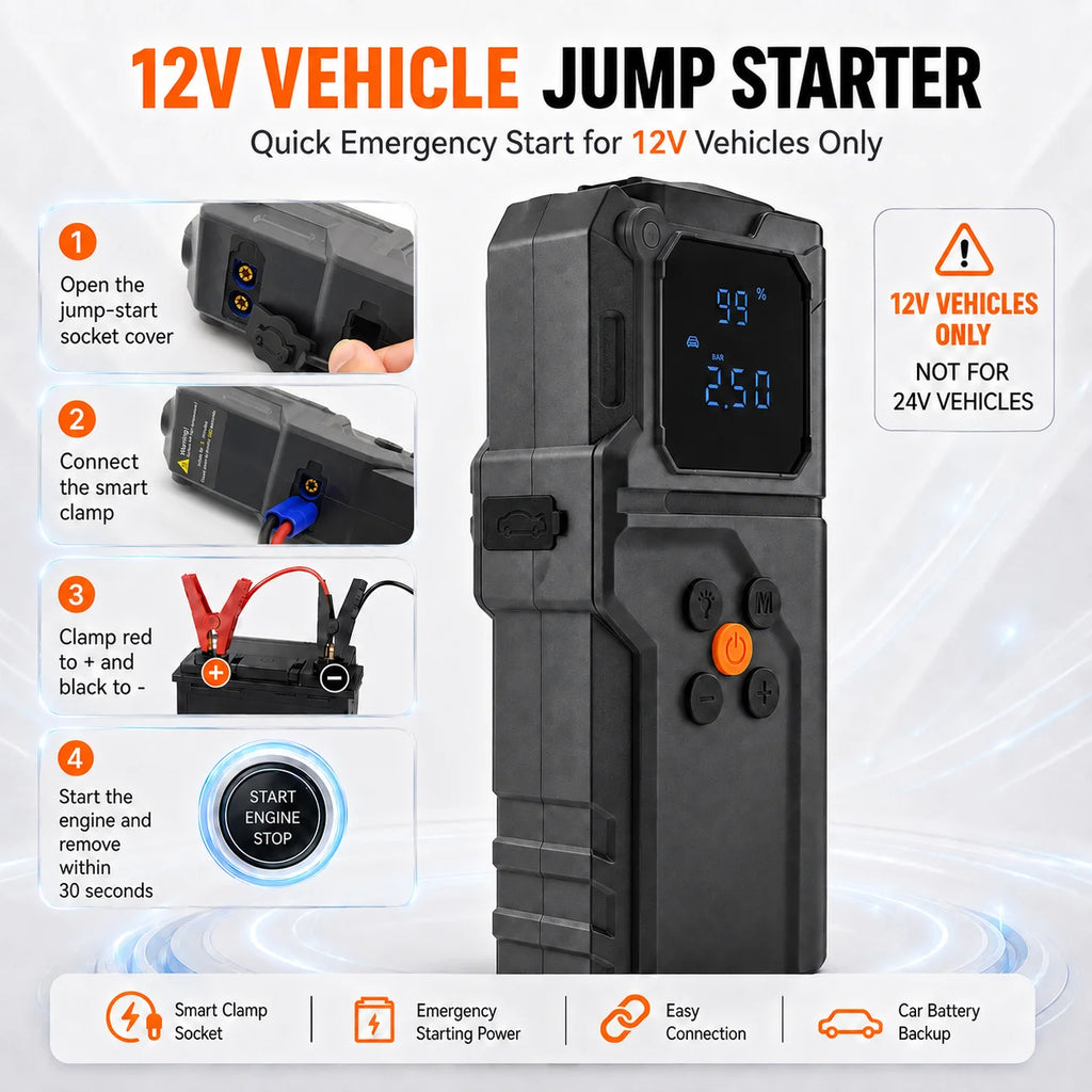 Car Jump Starter Power Bank Portable Air Pump Tire Air Compressor Car Battery Emergency Boosters Starting Device with LED Light