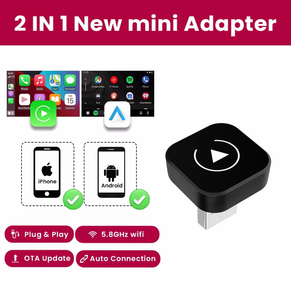 2-in-1 Wireless Adapter for CarPlay and Android Auto, 5.8GHz
