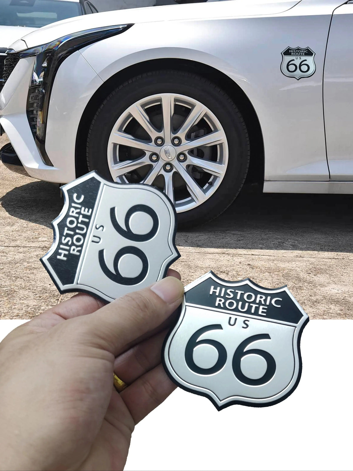 Aluminum Retro Route 66 Sticker for Car Trunk, Fender and Motorcycle