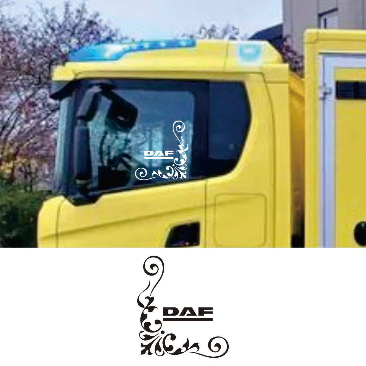 2pc Calligraphy Corner Window Graphics for DAF Lorry Cabs