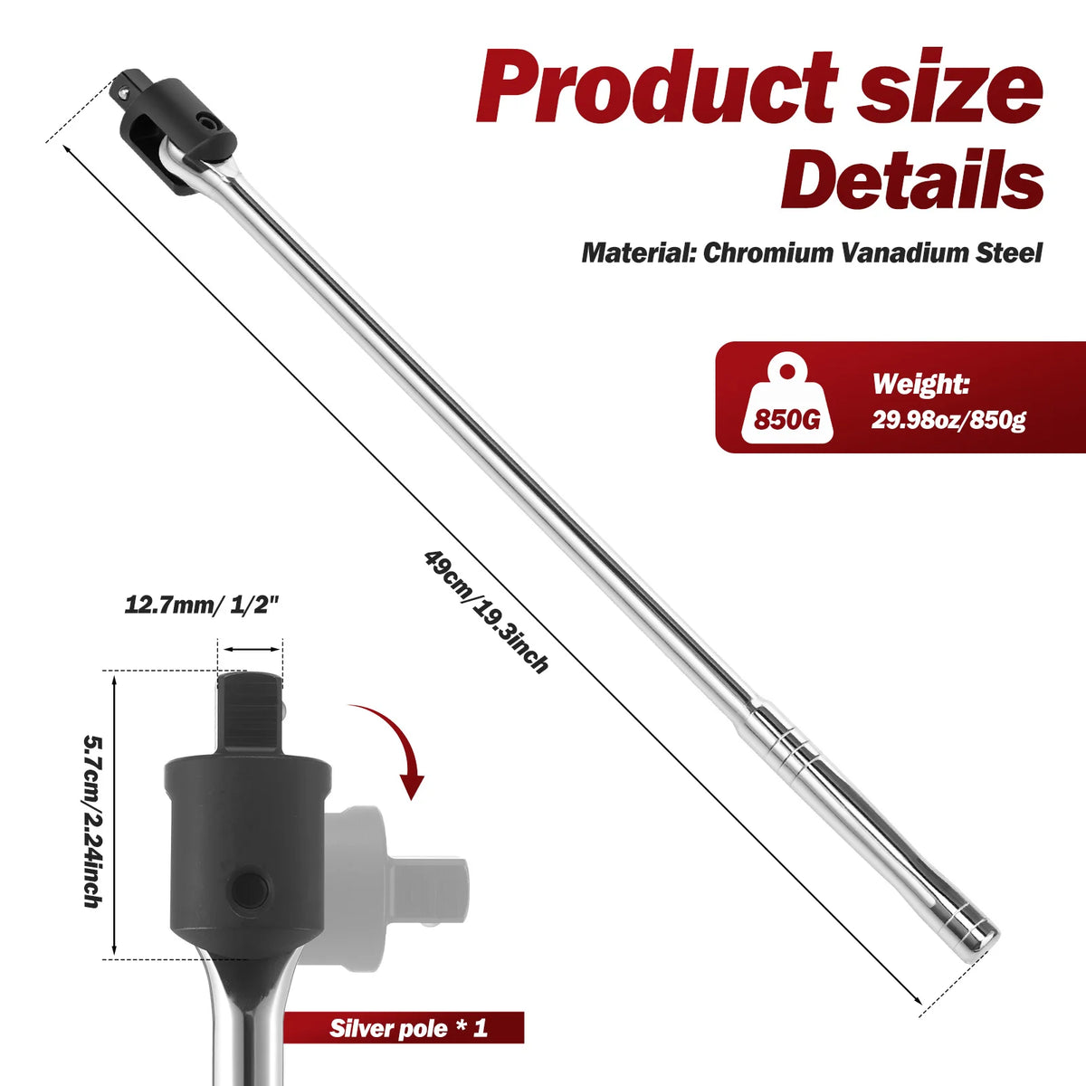 1/2'' Drive Breaker Bar Wrench Socket 240-Degree Cr-V Flex Head and Engraved Non-slip Handle Repair Tools for Tight Space