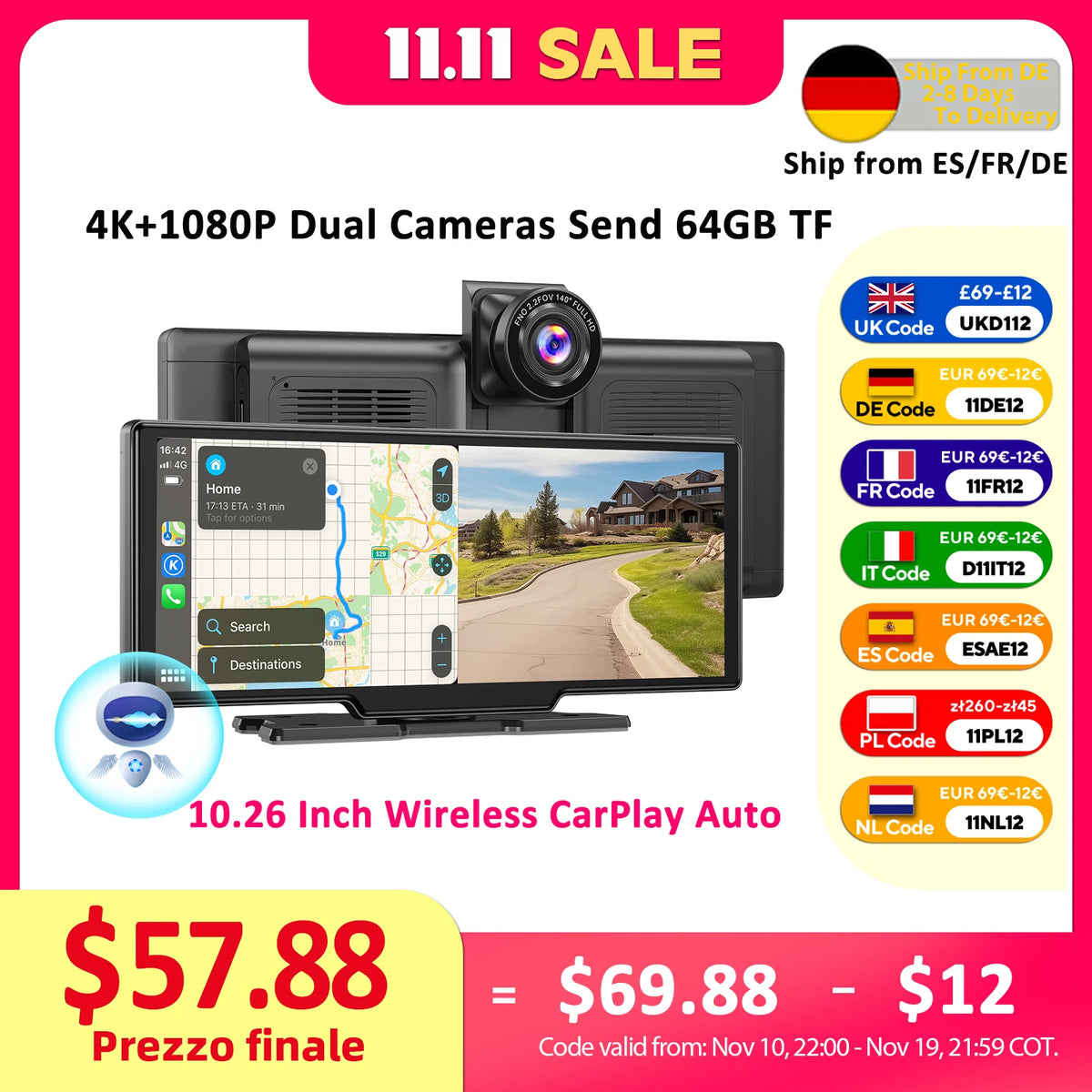 ESSGOO 10.26" 4K Wireless CarPlay Android Auto Dash Cam