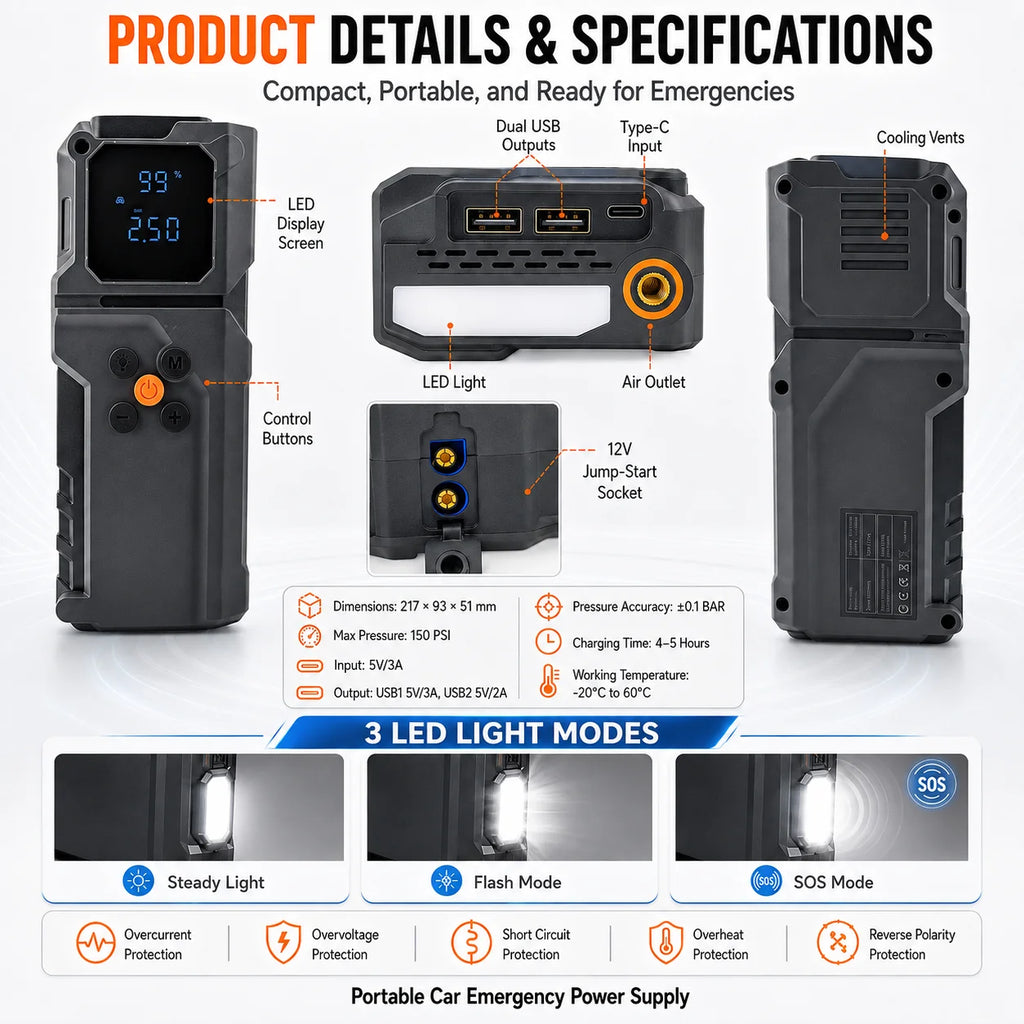 Car Jump Starter Power Bank Portable Air Pump Tire Air Compressor Car Battery Emergency Boosters Starting Device with LED Light