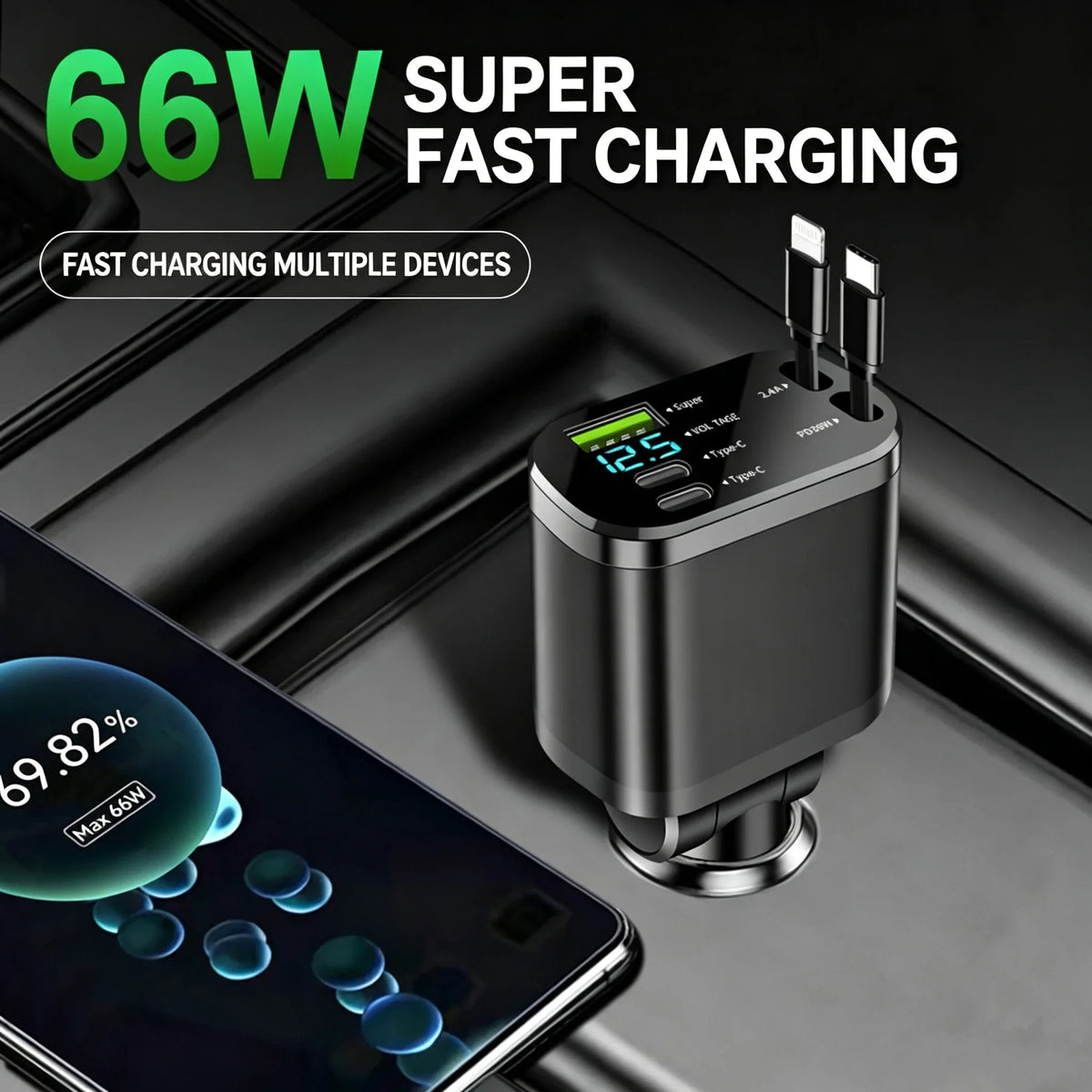 Car Charger with Digital Display and Retractable USB-C Cable