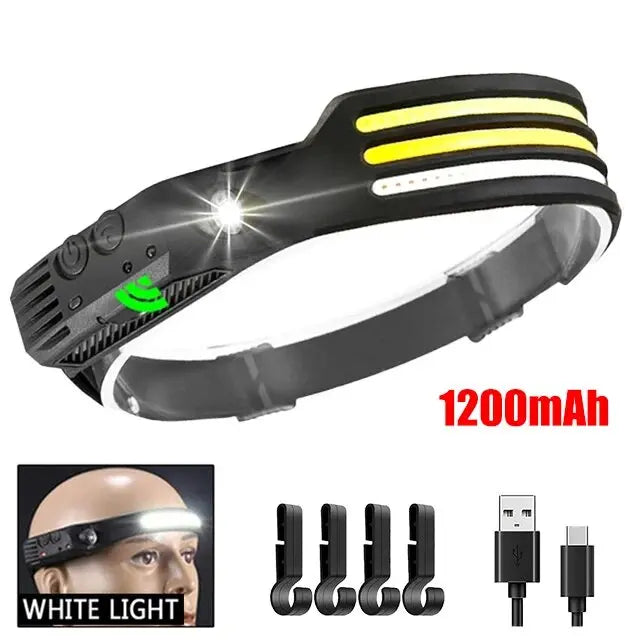 COB LED Motion Sensor Headlamp, USB Rechargeable for Camping & Fishing