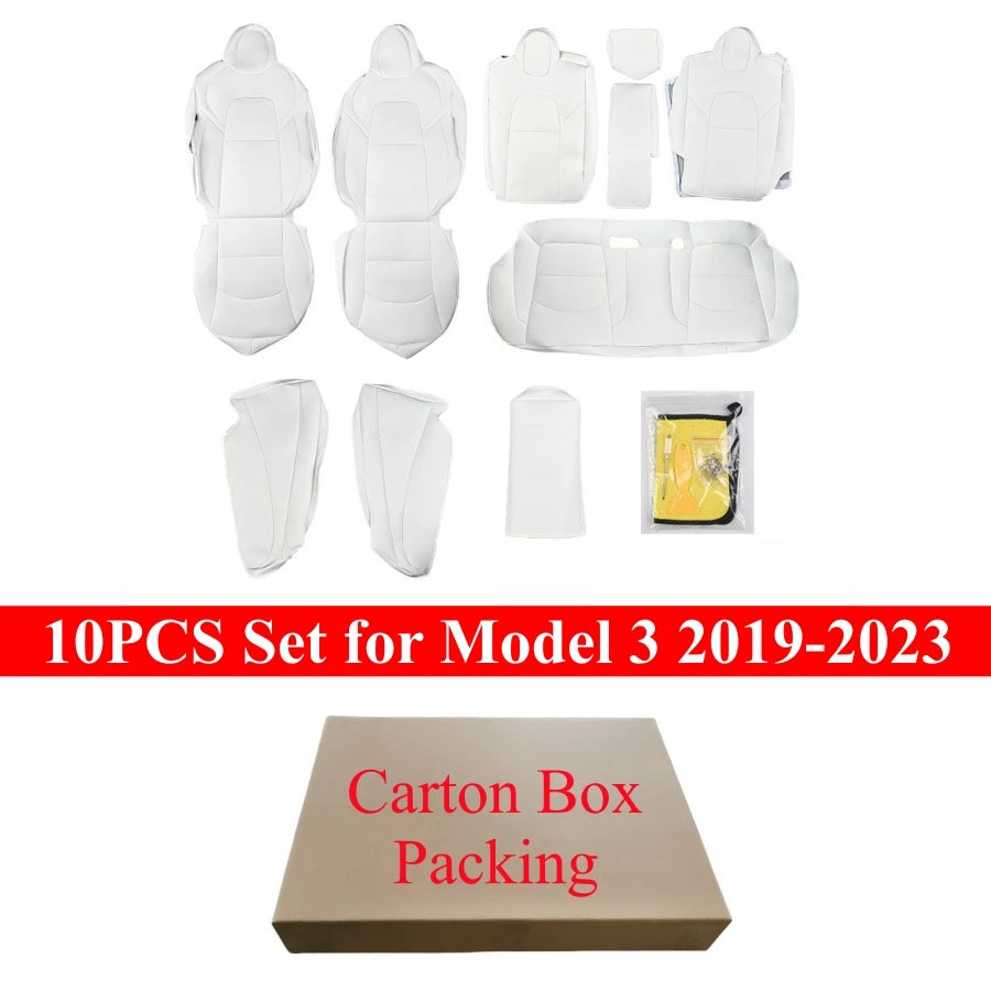 White PU Leather Seat Covers for Tesla Model Y and Model 3, Full 5-Seat Set