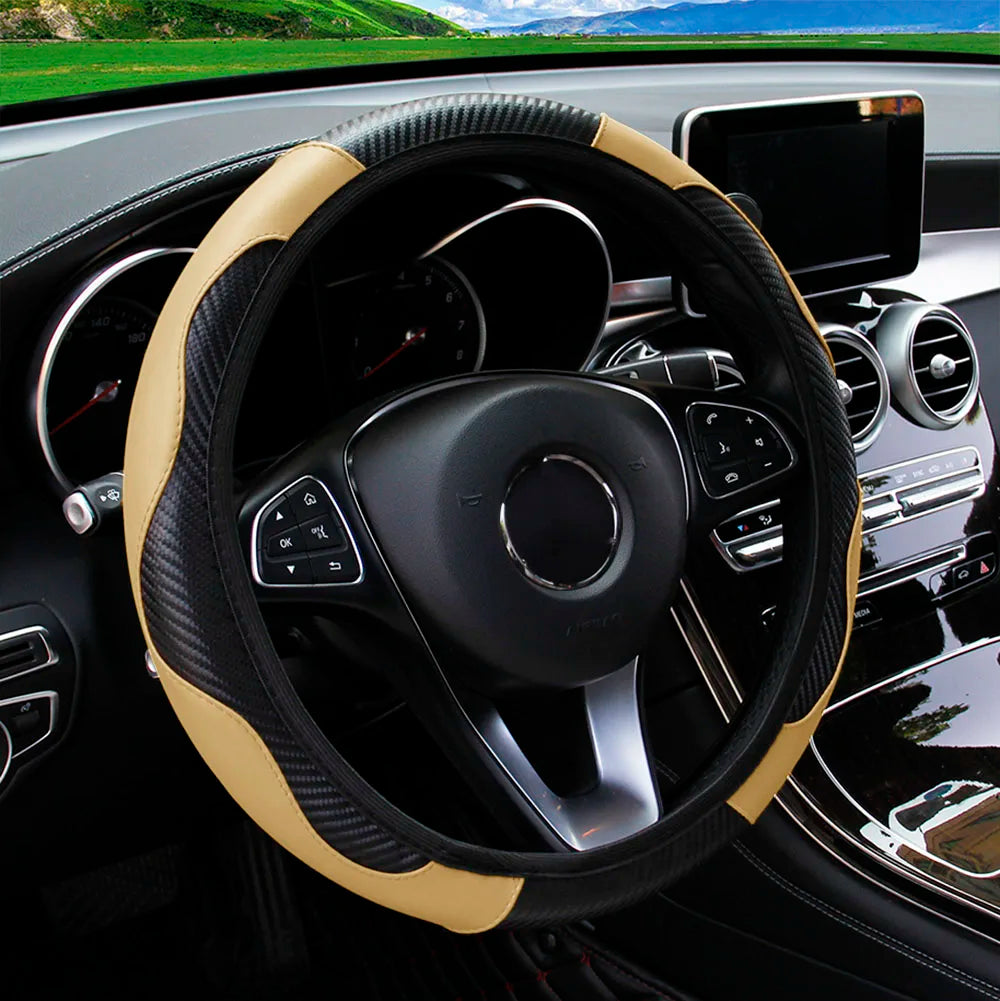 Textured PU Leather Steering Wheel Cover, 14.5-15 Inch