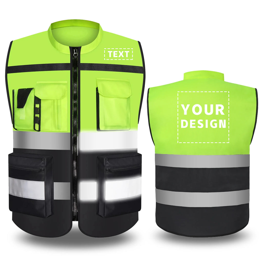 Custom Logo Two-Tone Hi-Vis Safety Vest with Pockets & Zipper