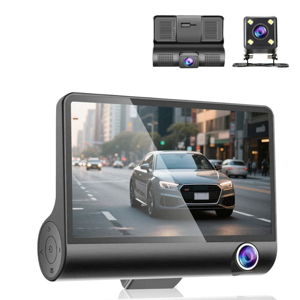 3-Camera Dash Cam with Front, Interior, and Rear Views