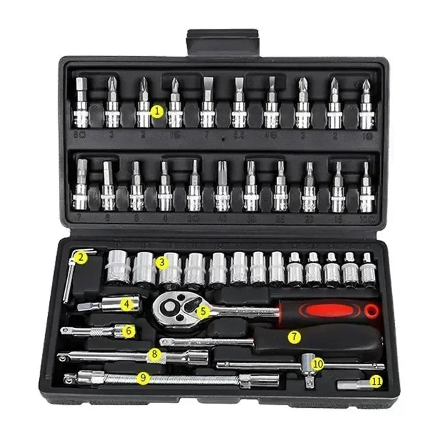 53-Piece Steel Car Repair Tool Set with Sockets and Case for Motorcycles