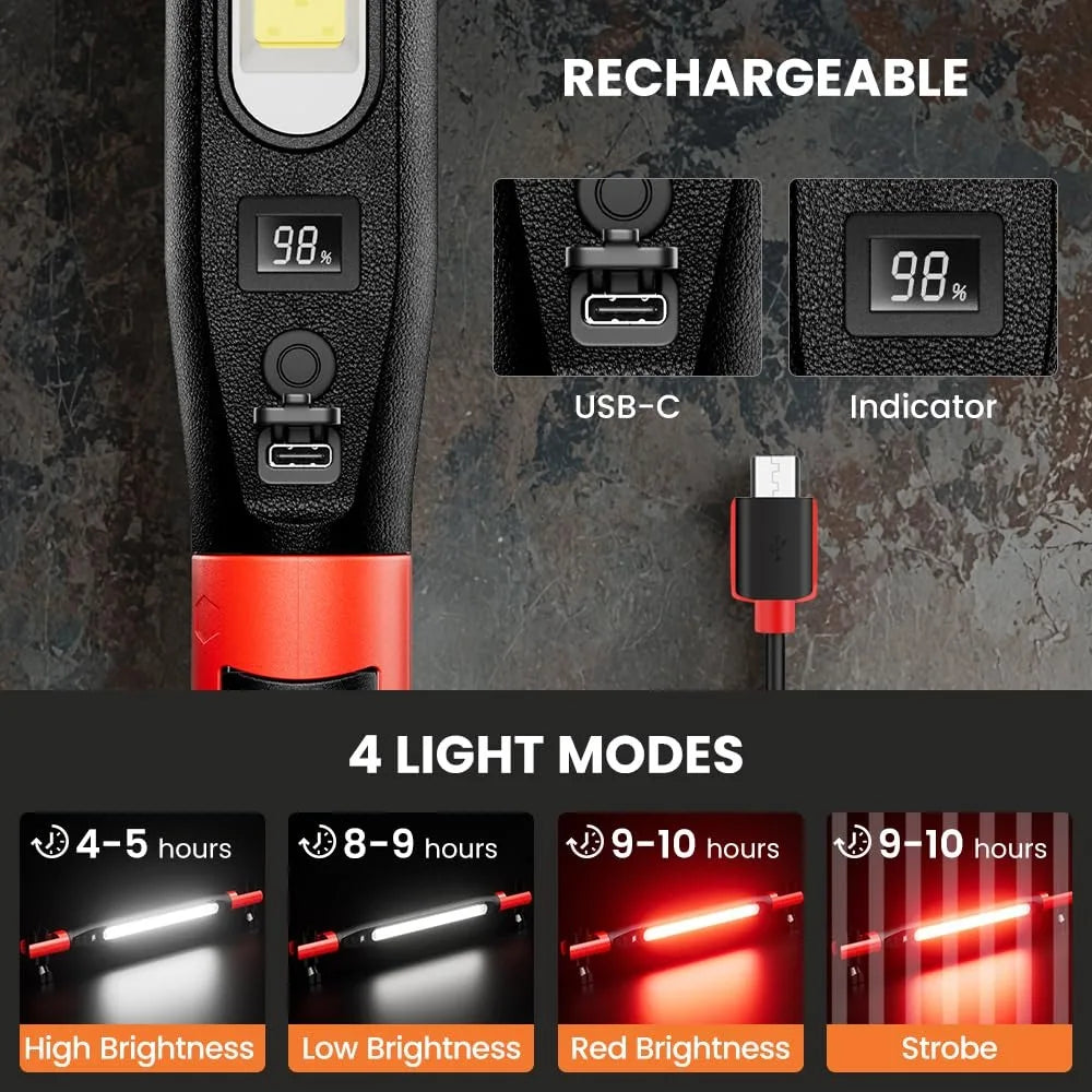Magnetic LED Work Light Rechargeable IP65 Waterproof Maintenance Work Lights Digital Display Portable Flashlight For Car Repair