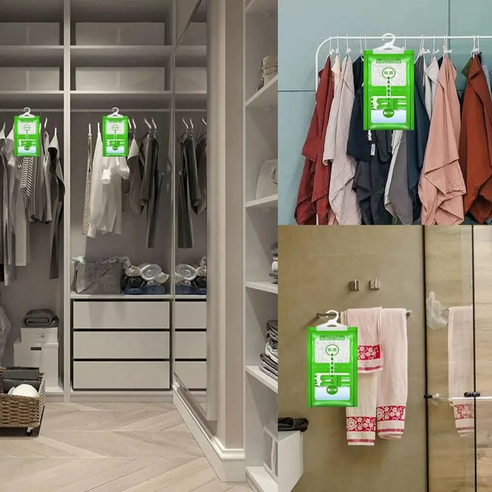 Hanging wardrobe dehumidifier bags, anti-mould moisture absorber for closets