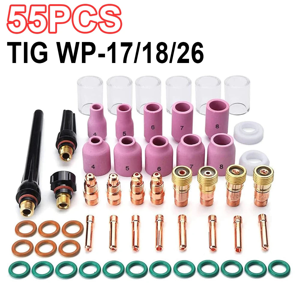 55 Pcs TIG Welding Torch Nozzle Ring Cover Gas Lens Glass Cup Kit WP-17/18/26