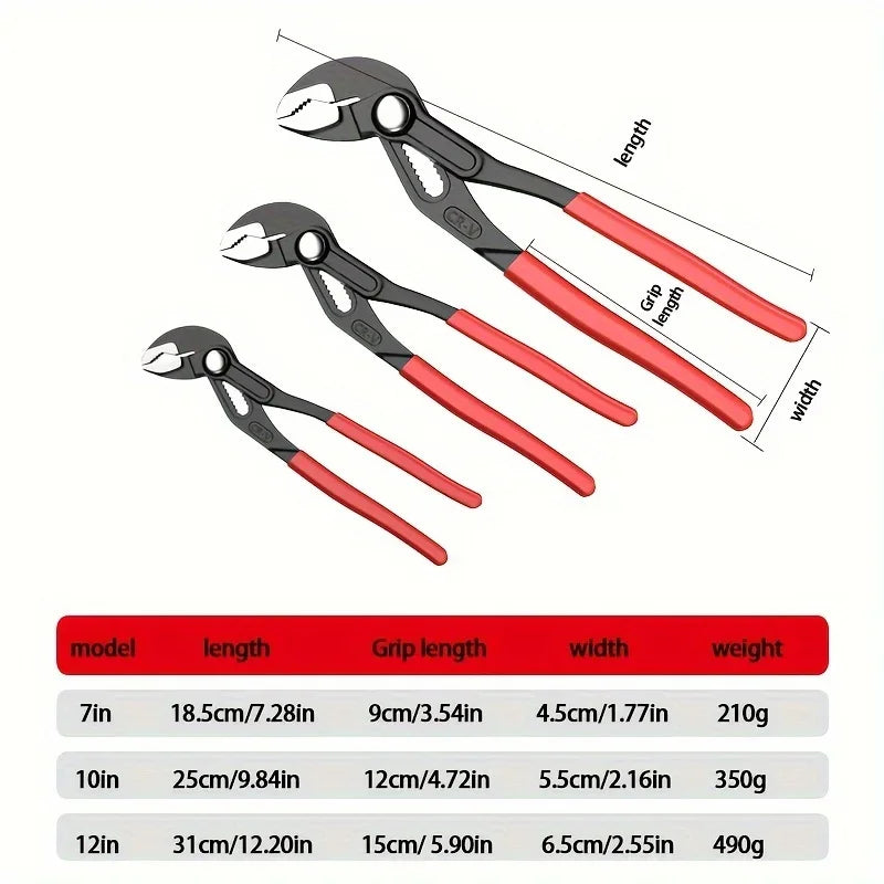 7"/10"/12" Water Pump Pliers Quick-Release Plumbing Pliers Pipe Wrench Adjustable Water Pipe Clamp Plier Multifunction Hand Tool