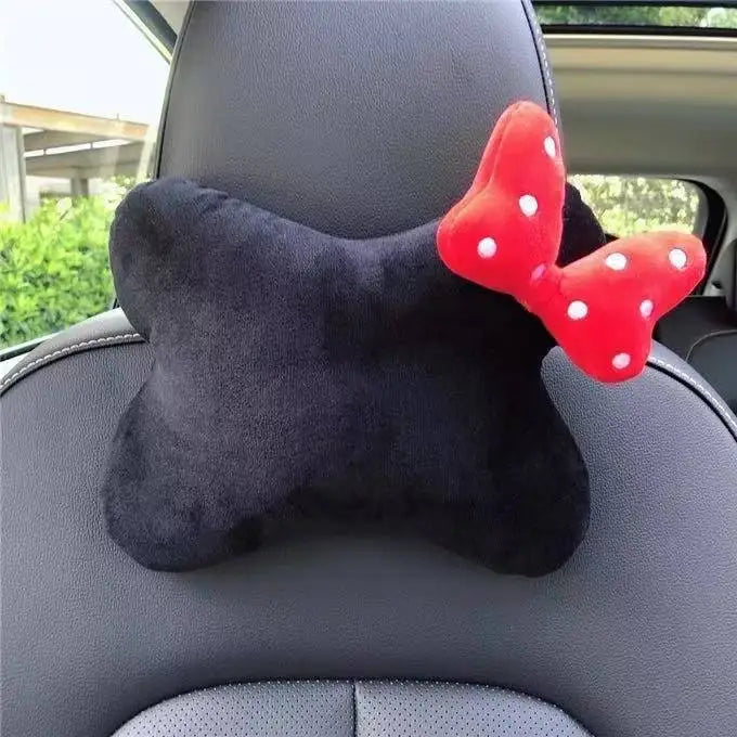 Pink Plush Bowknot Car Neck Pillow and Lumbar Cushion