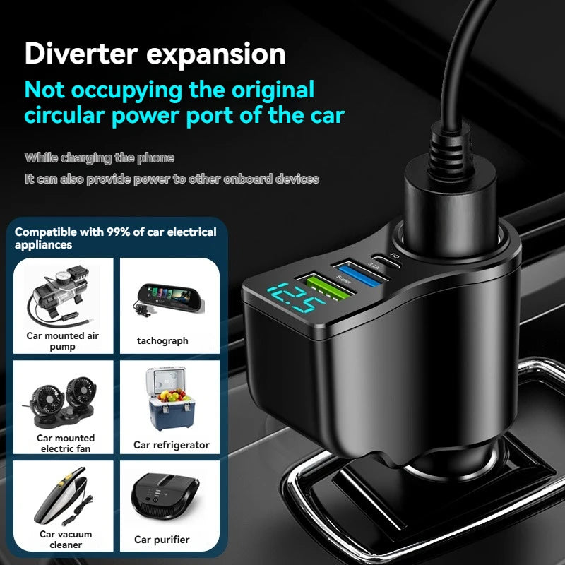 Car Socket Splitter with 2 USB and USB-C PD Ports, 12/24V
