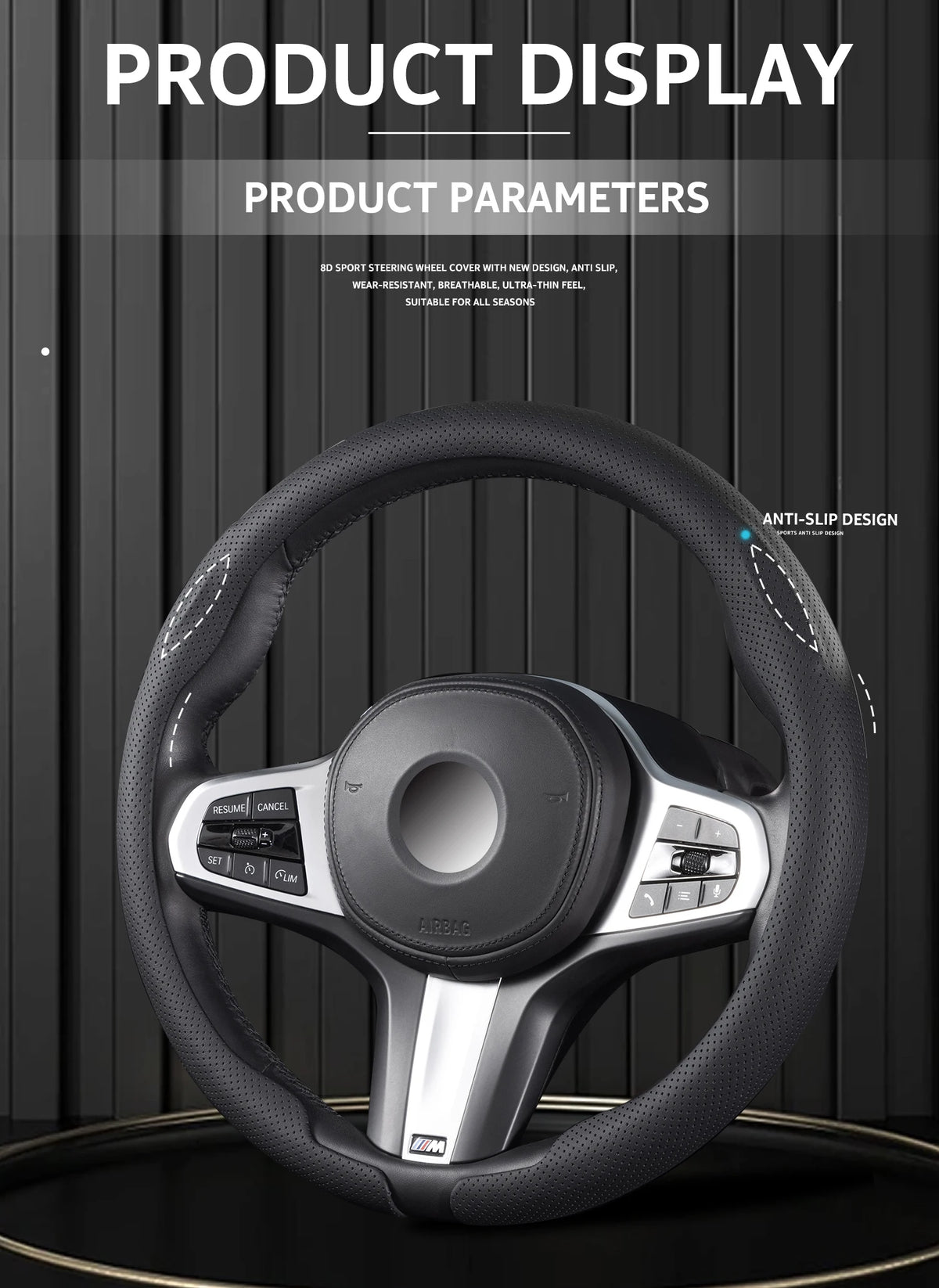 Ultra-Thin Faux Leather Steering Wheel Cover, 38cm, D or O Shape