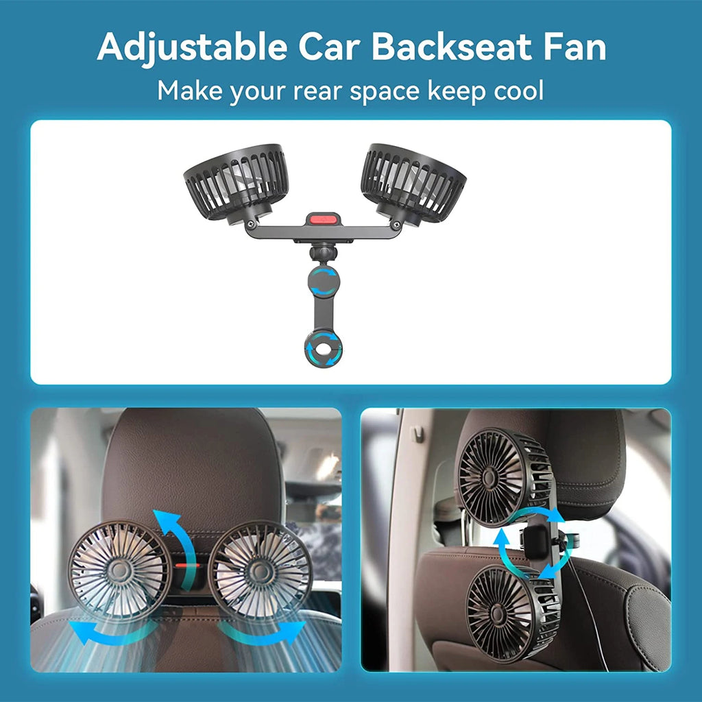 Dual Head Car Seat Back Cooling Fan, USB, 3-Speed, 360° Rotation