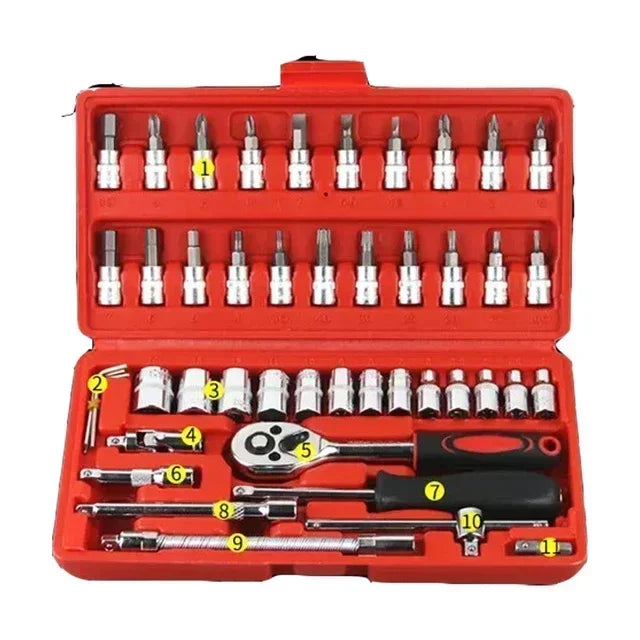 53-Piece Steel Car Repair Tool Set with Sockets and Case for Motorcycles