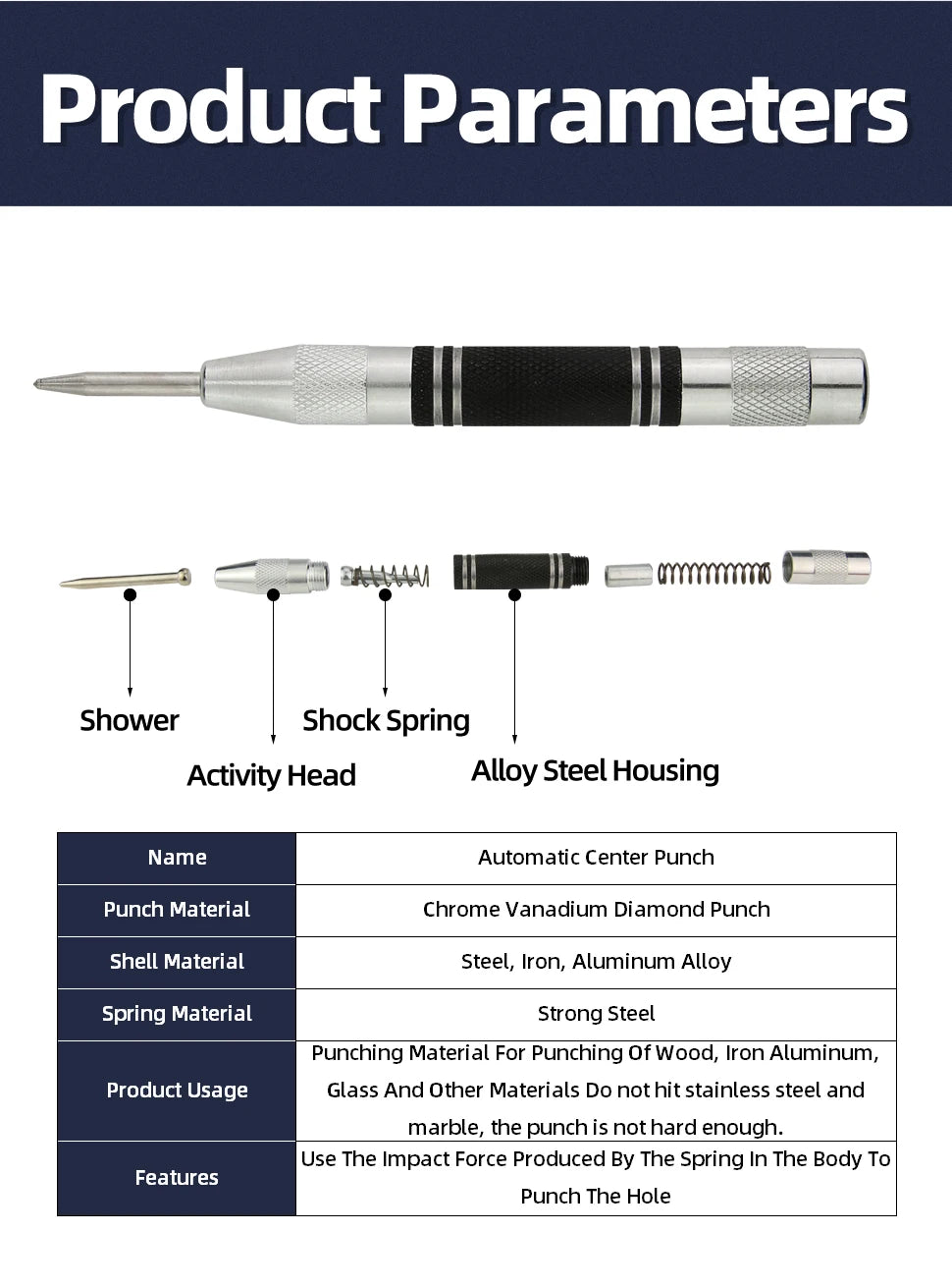 Tooleye Adjustable Spring Loaded Automatic Center Punch Tool - image 14