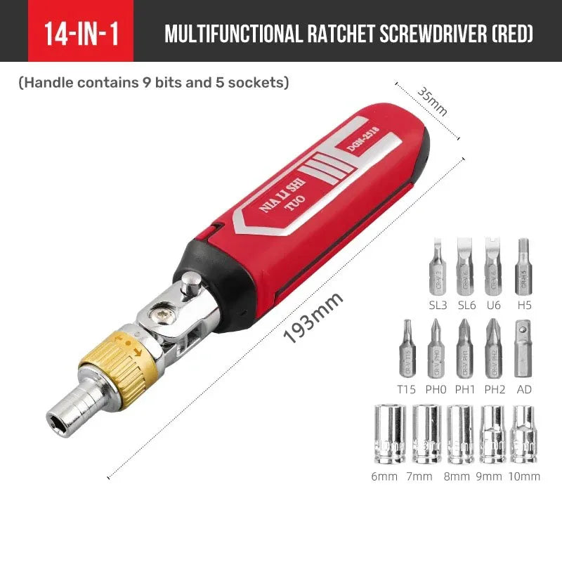 14 in 1 Multi-Function Rotary Ratchet Screwdriver Set Magnetic Bit Kit