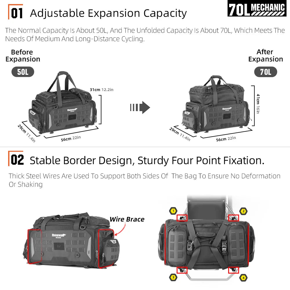 Rhinowalk 50-70L Waterproof Expandable Motorcycle Tail Bag - image 2