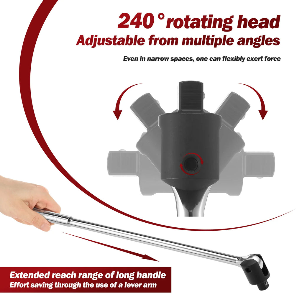 1/2'' Drive Breaker Bar Wrench Socket 240-Degree Cr-V Flex Head and Engraved Non-slip Handle Repair Tools for Tight Space