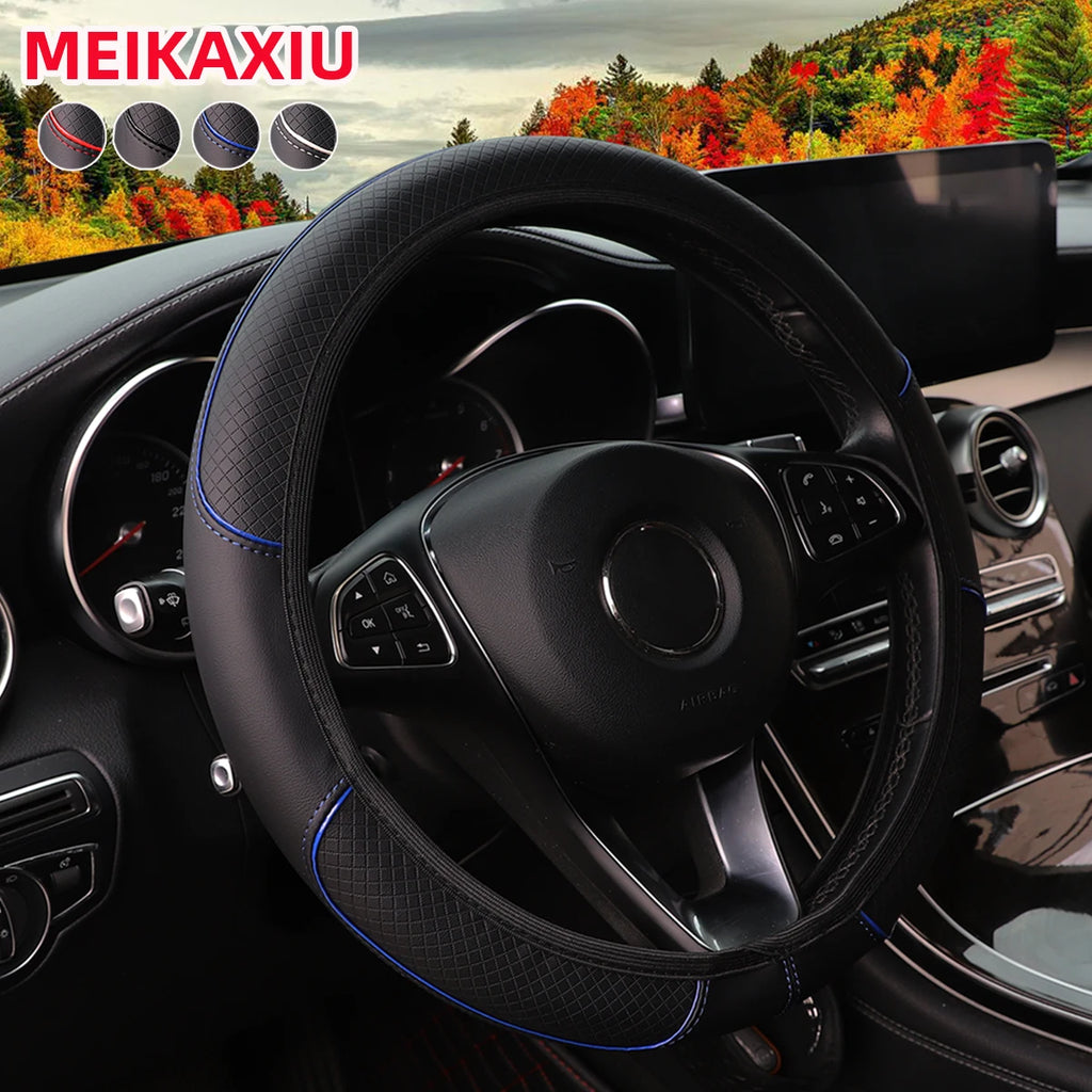 Check Pattern Embossed PU Leather Steering Wheel Cover, 37-38cm