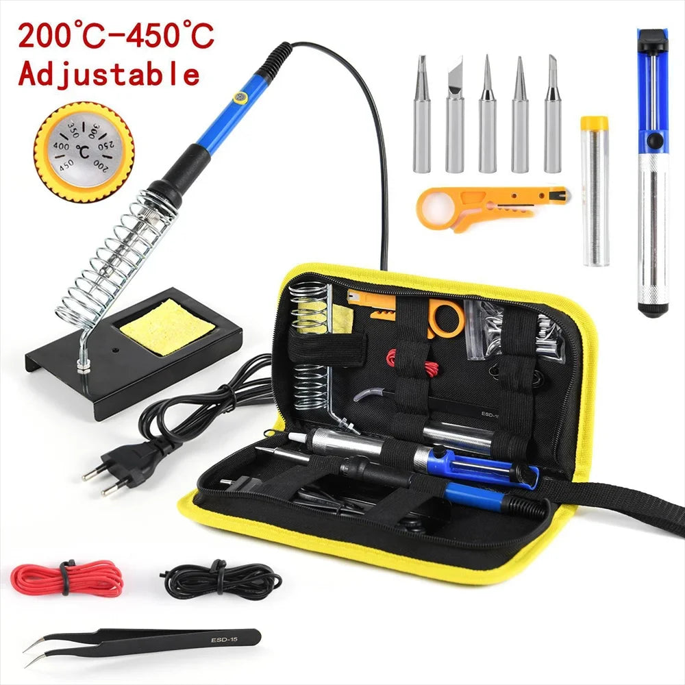 15pcs Kit 220V 60W Soldering Iron Kit 450°C Adjustable Temperature Welding Tool Set With Solder Sucker Tin Wire EU PLUG