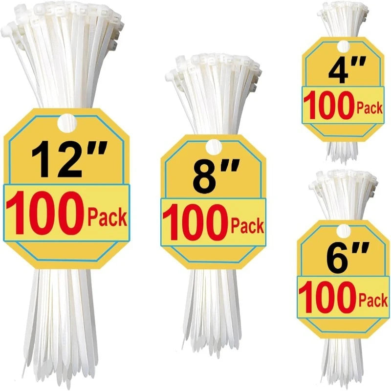 100-Piece White Zip Ties – UV Resistant, Assorted Sizes