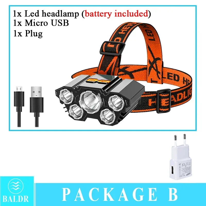 USB Rechargeable 5 LED Headlamp with Built-In Battery, Portable Work Light