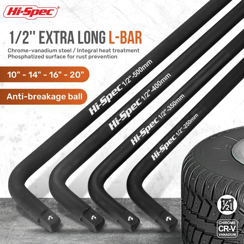Hi-Spec 1/2 In Extra Long L Bar Breaker Bar Socket Wrench Handle CR-V Steel Anti Rust 250—500mm for Auto Repair Garage Hand Tool
