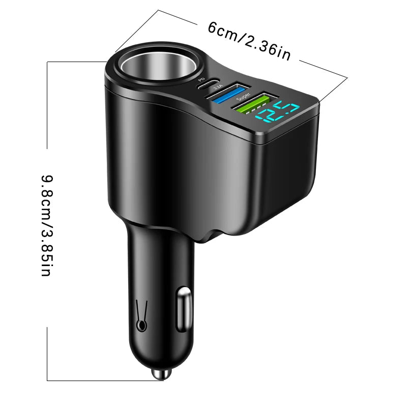 Car Socket Splitter with 2 USB and USB-C PD Ports, 12/24V