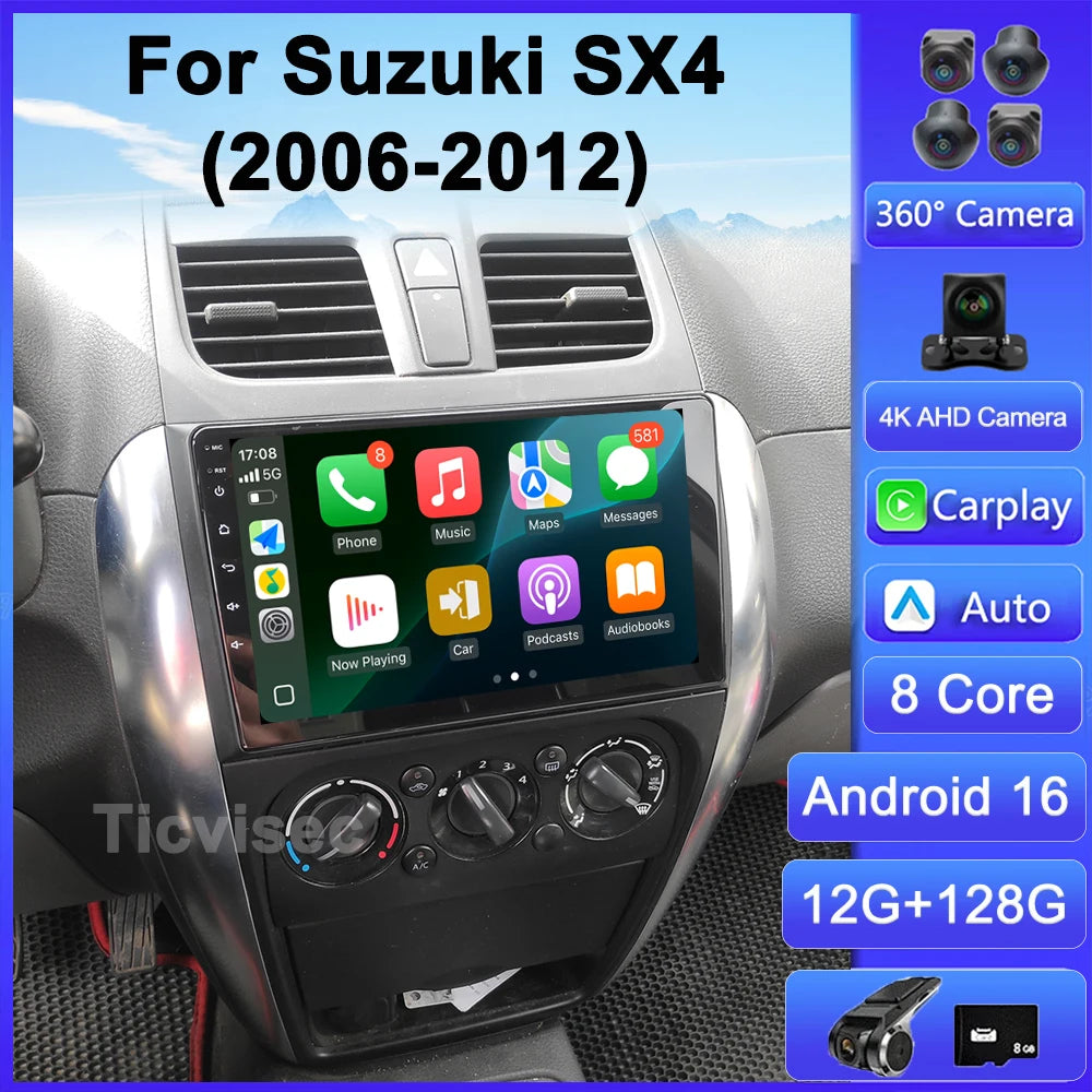 Android 16 Car Radio 2 Din 9-inch GPS CarPlay Suzuki SX4 Fiat Sedici