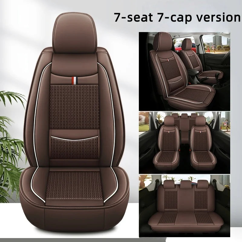 7-Seater, Luxurious Ice Silk/PU Leather Car Seat Cover, Suitable for All Seasons, High-End Car Interior Package, Suitable for Various MPV 7-Seater Seven Head Hat Styles, Comfortable, Breathable and Wear-Resistant, Enhancing Y