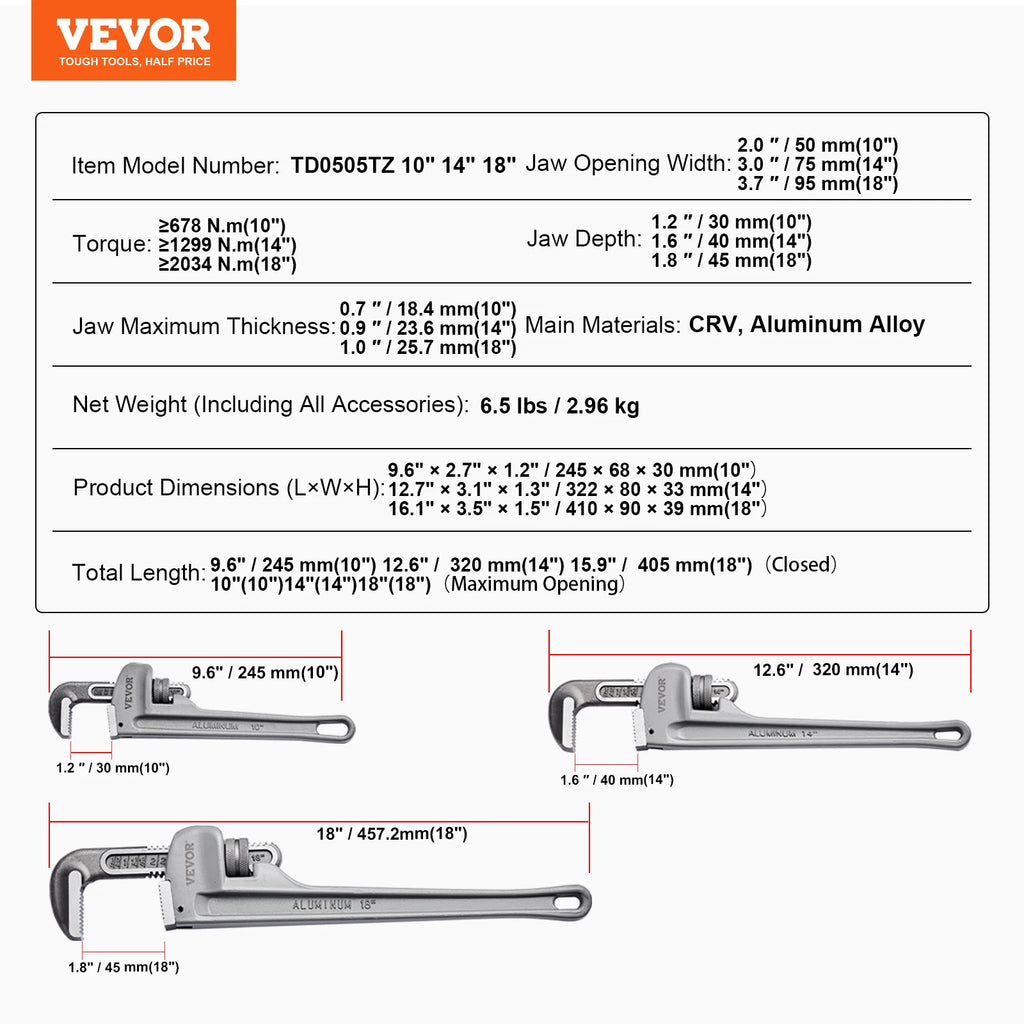 Aluminum Straight Pipe Wrench Adjustable Plumbing Wrench High Strength Jaw Ergonomic