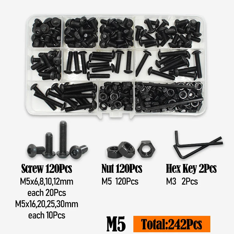 Black Button Head Hex Socket Screw Kit M2-M6 with Nuts and Washers