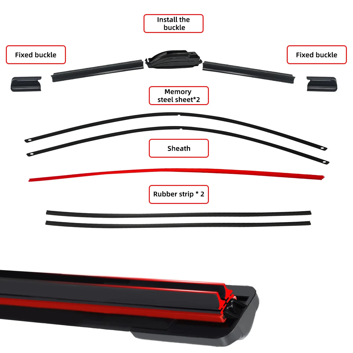 Silent Double Rubber Windshield Wiper Blade, U/J Hook, 13 to 30 Inch
