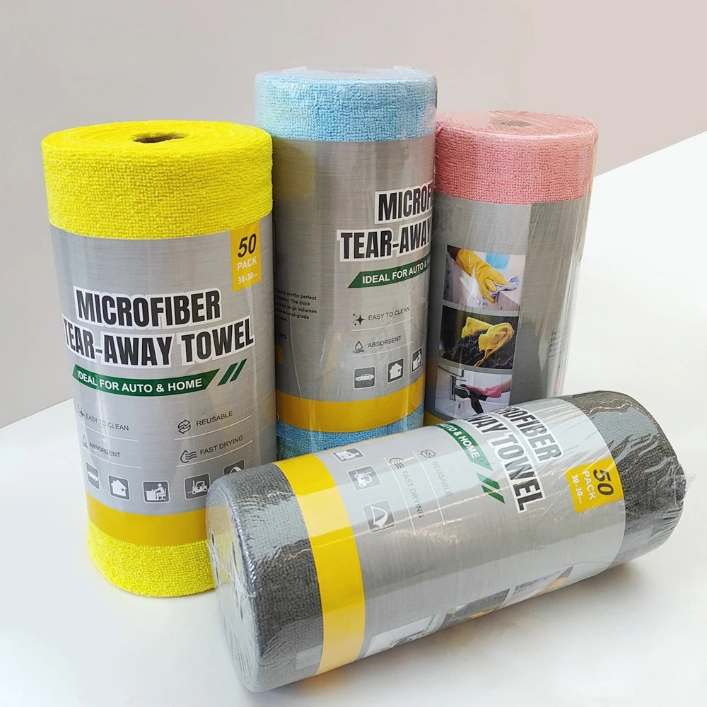 Car Washing Rag 50pcs/Roll Microfiber Tear-Towel Reusable Cleaning Rag Multi-Purpose Dishwashing Towels For Tableware Car Wash