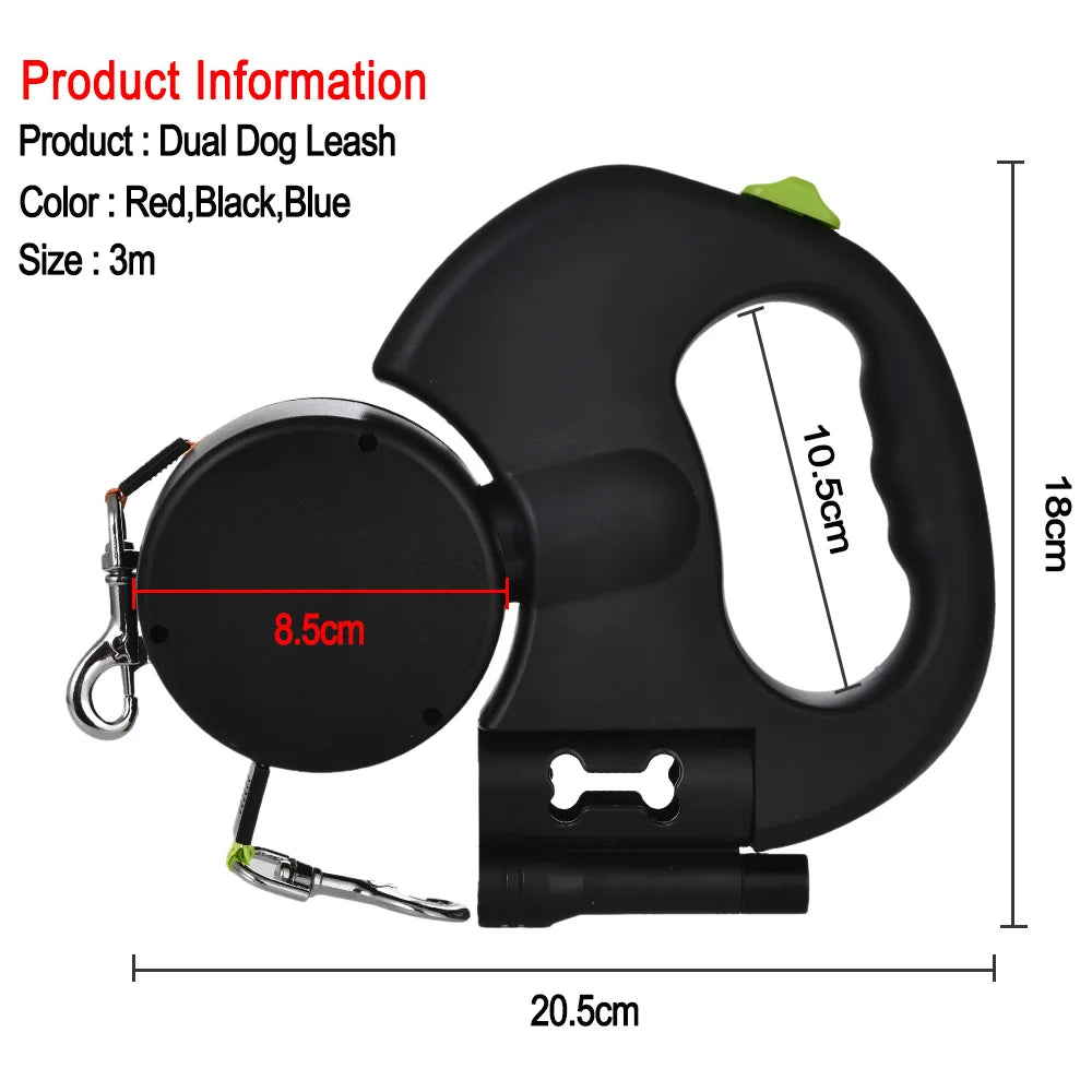 Retractable Dual Dog Leash with Light, 3m, for Small Dogs